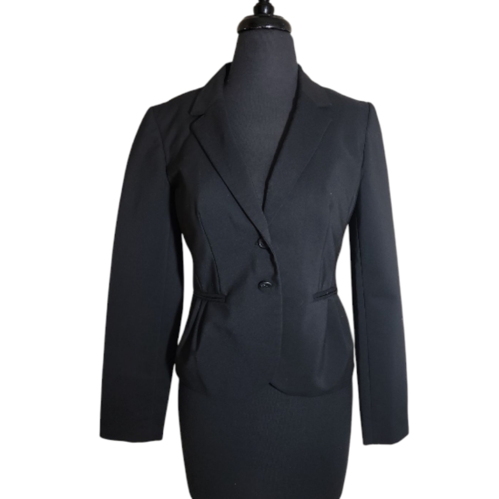 Elle black button front v neck blazer tailored stretch workwear women's size 6